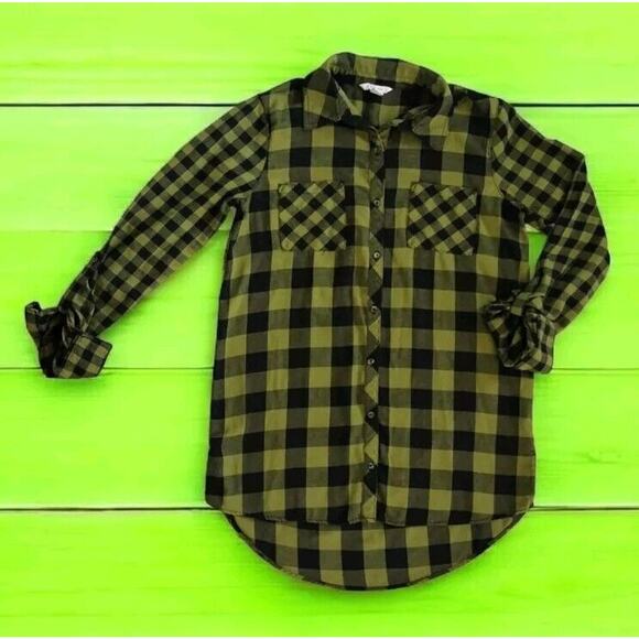 Est 1946 Juniors XS Plaid Button Up Top Green Black Long Roll Tab Sleeves XSmall - Picture 15 of 15